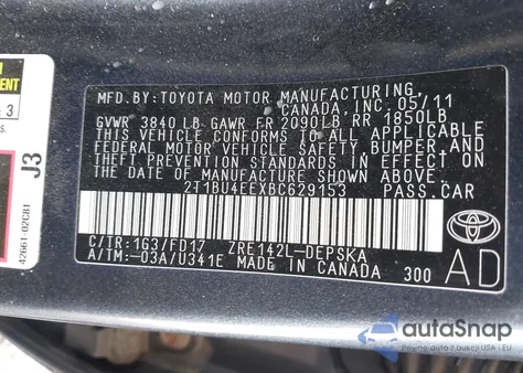 2011 Toyota Corolla S from USA, damaged, VIN 2T1BU4EEXBC629153